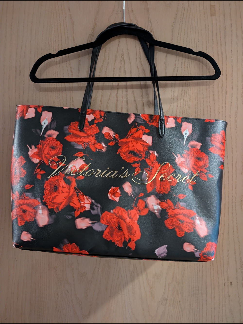 Victoria's Secret Black Floral Tote Bag - Red Roses
